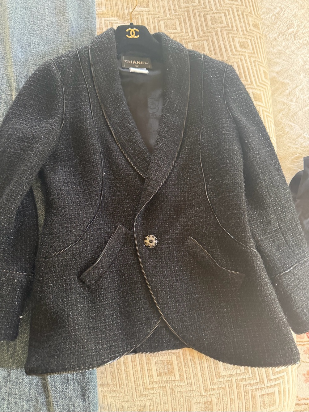 CHANEL Black Tweed Single-Button Shawl Collar Jacket